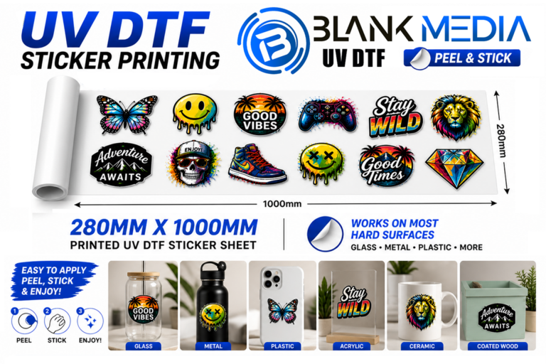 UV DTF stickers: peel-and-stick designs on a 280mm sheet for hard surfaces